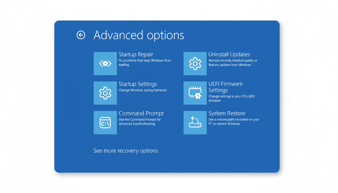 Screenshot of the Windows Advanced Options menu showing choices like Startup Repair, Uninstall Updates, Startup Settings, UEFI Firmware Settings, Command Prompt , and System Restore , presented on a white background with a subtle shadow effect .