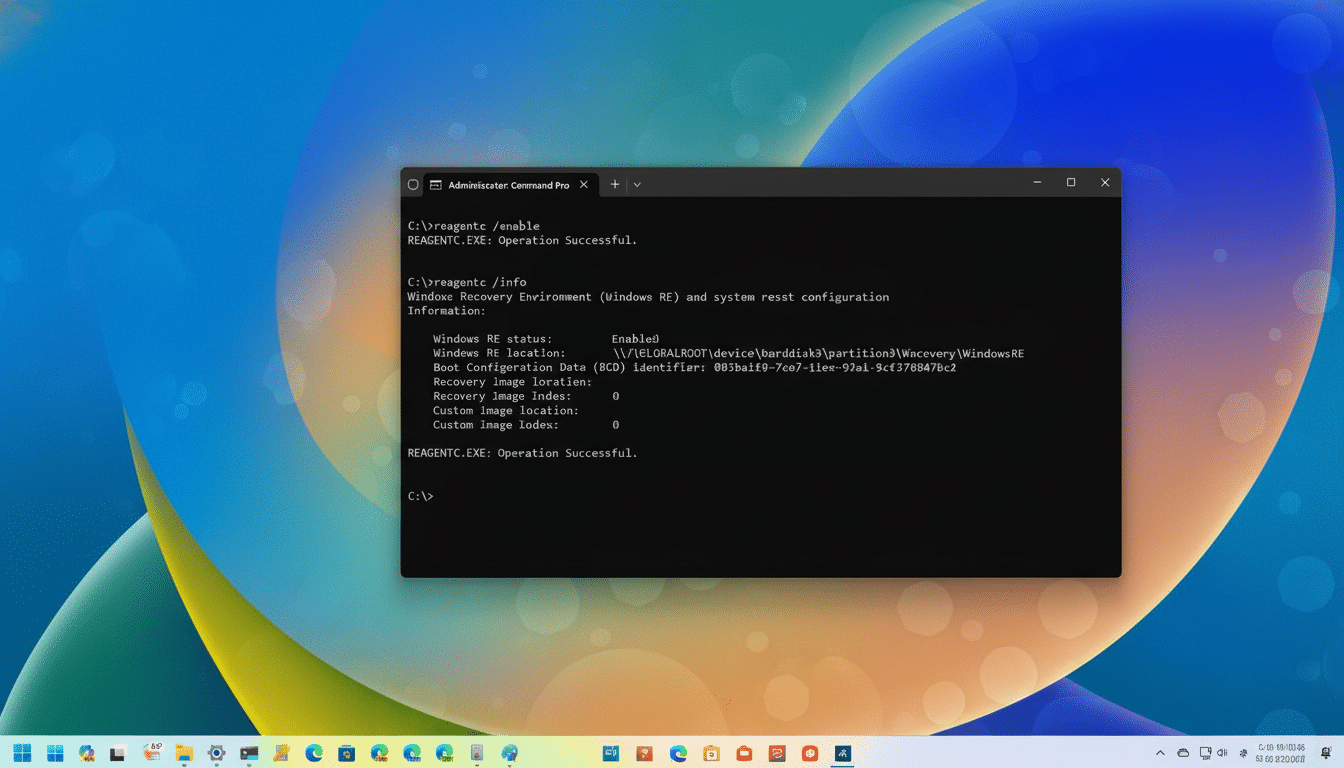A screenshot of a Windows command prompt window displaying the results of `re agentc /enable ` and `re agentc /info ` commands, indicating the Windows Recovery Environment is enabled. The command prompt window is centered over a Windows 11 desktop background with abstract blue and yellow shapes .