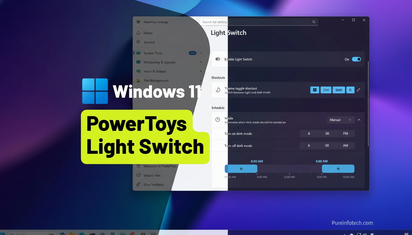 Windows 11 Power Toys Light Switch interface showing settings for theme toggle shortcuts and schedule .