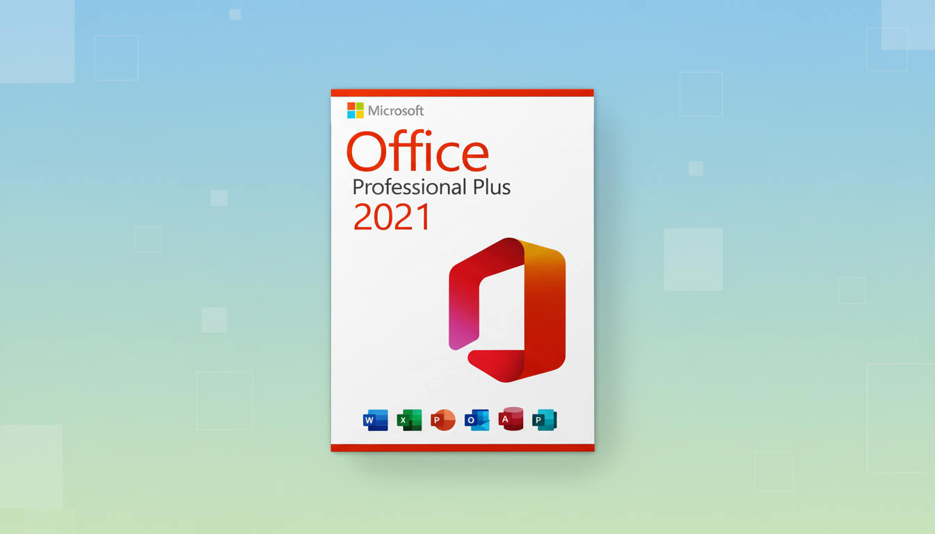 A Microsoft Office Professional Plus 2021 software box is centered on a light blue and green gradient background with subtle square patterns.