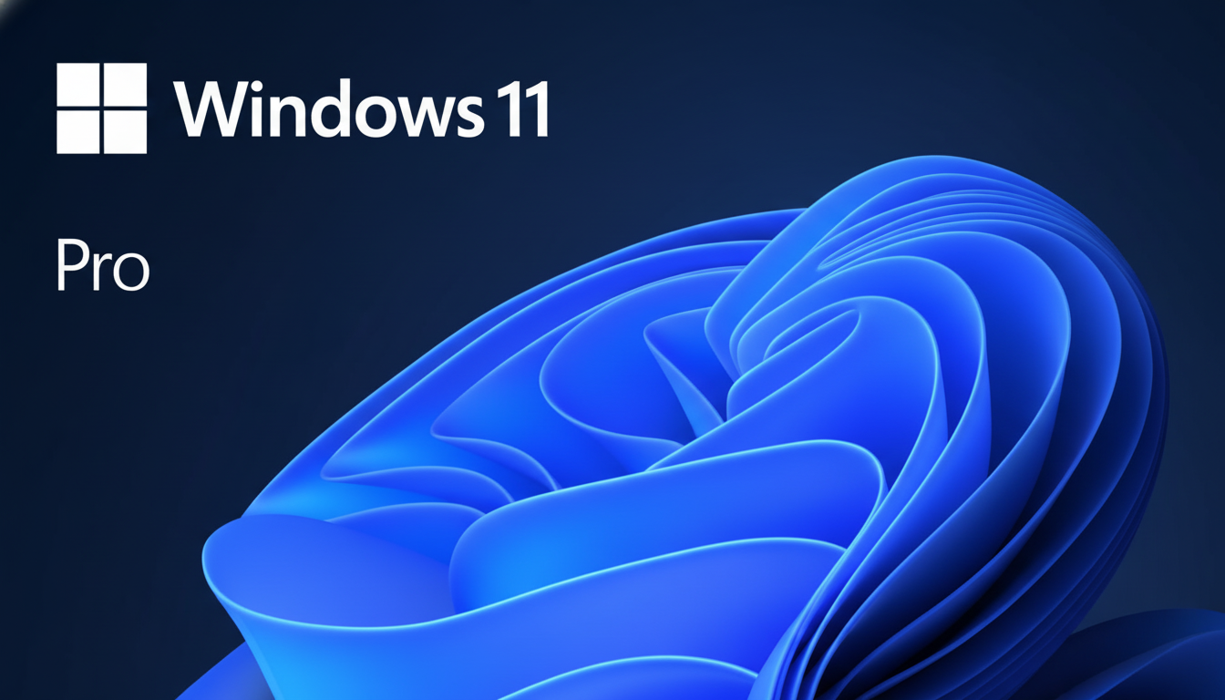 The Windows 11 Pro logo and text are displayed on a dark blue background with a stylized, flowing blue graphic in the foreground.