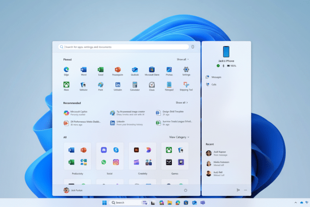Screenshot of the Windows 11 Start menu with an iPhone connection widget and various pinned and recommended apps, resized to a 1 6: 9 aspect ratio.