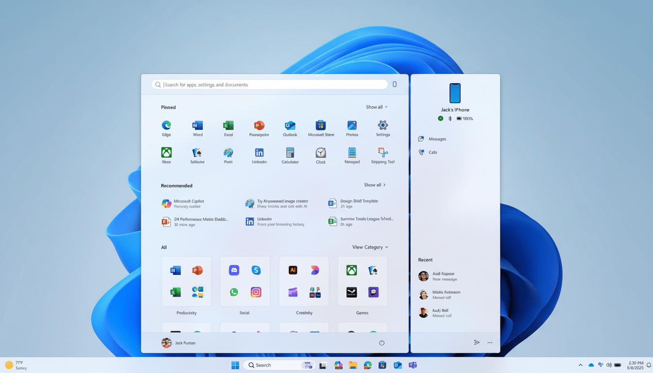 Screenshot of the Windows 11 Start menu with an iPhone connection widget and various pinned and recommended apps, resized to a 1 6: 9 aspect ratio.