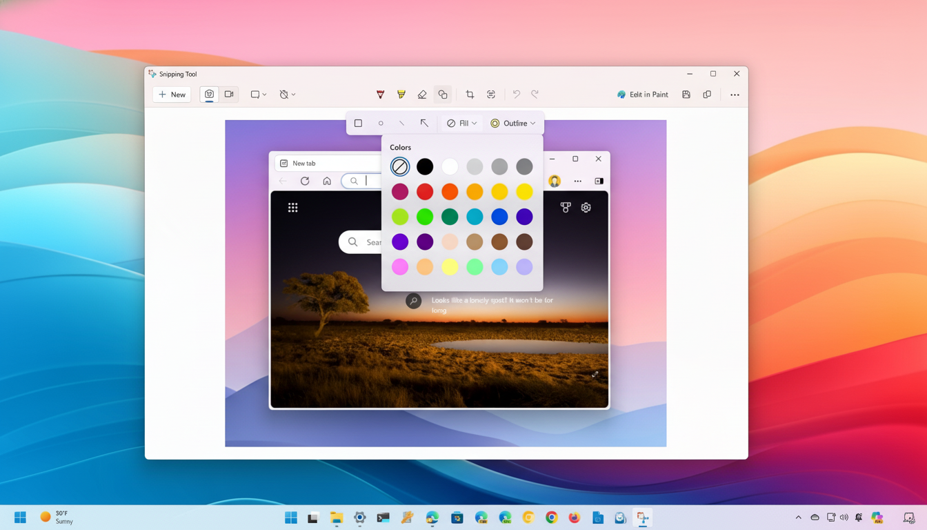 A screenshot of the Windows Snipping Tool open, displaying a color palette over a browser window showing a landscape image with a tree and a body of water at sunset. The Snipping Tool window is centered on a colorful, abstract desktop background.