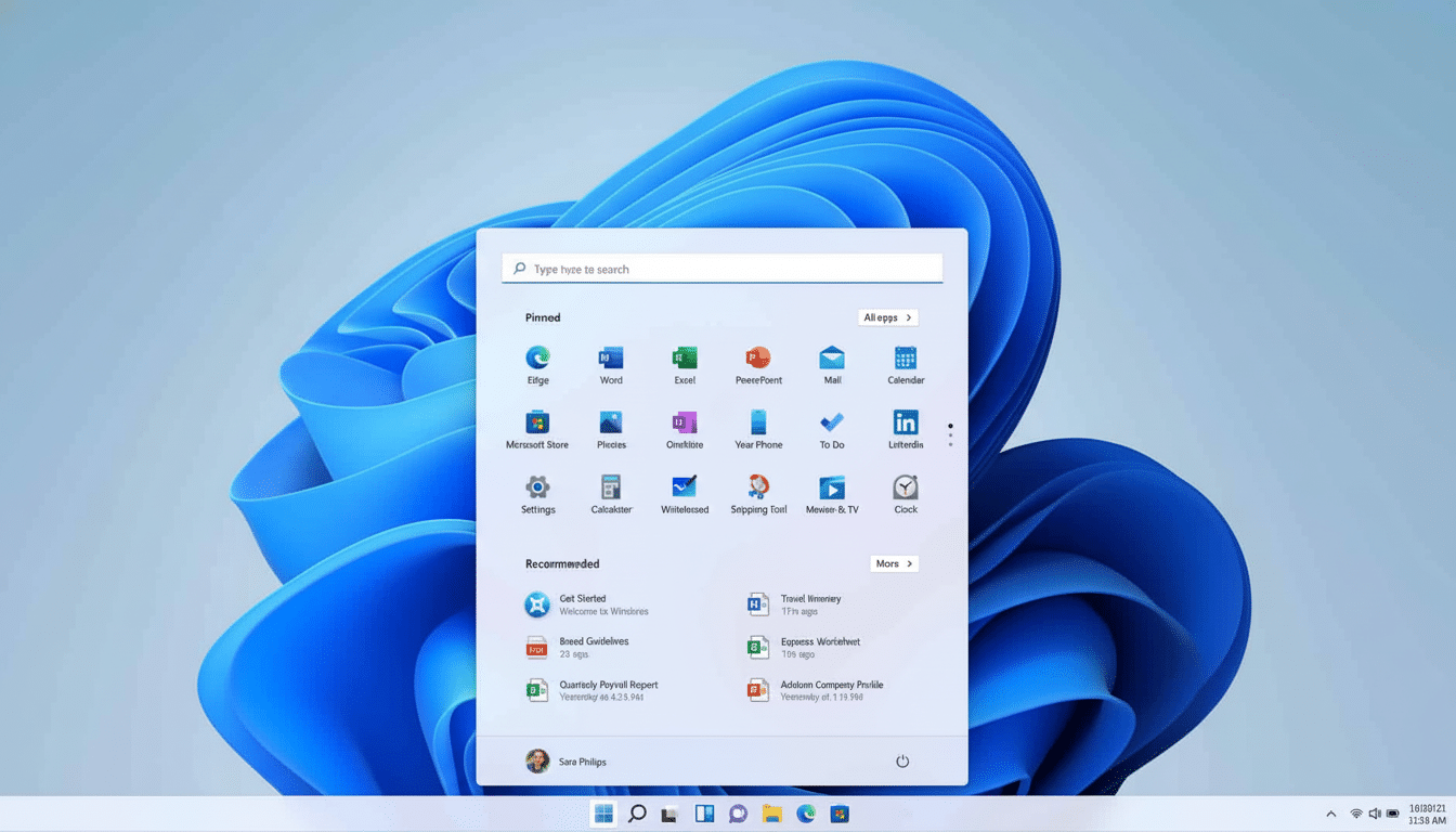 A screenshot of the Windows 11 start menu with pinned applications and recommended documents , set against a blue abstract background .