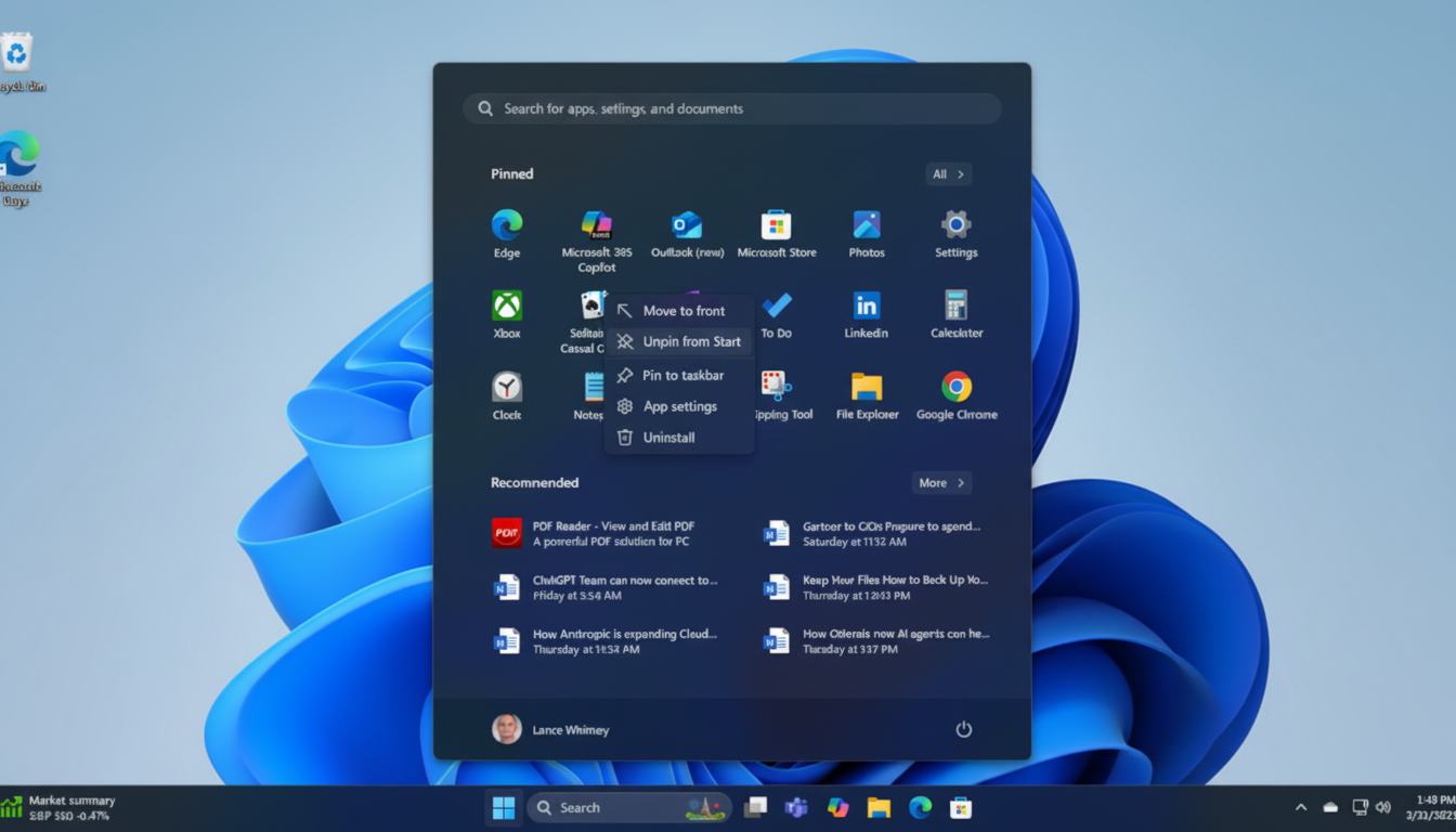 A screenshot of the Windows 11 Start menu with a context menu open, showing options like