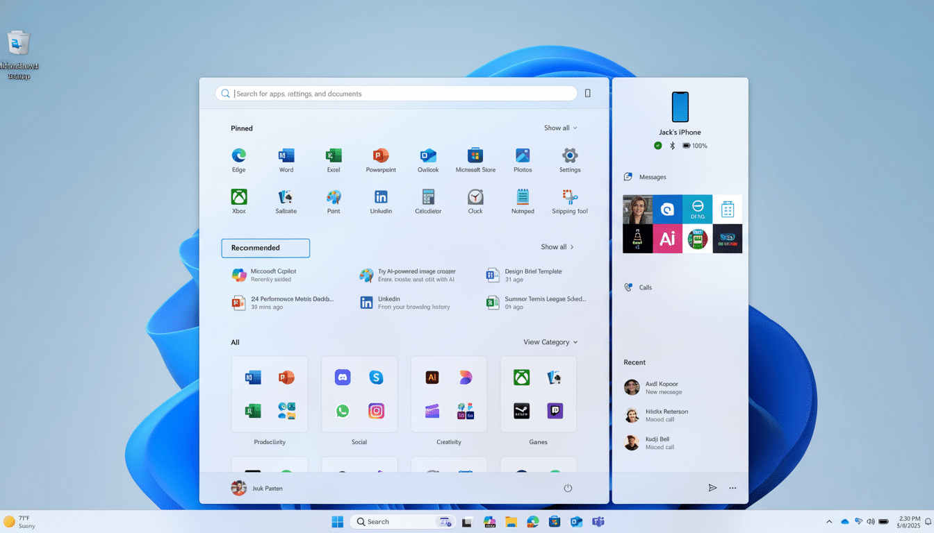 A professionally enhanced screenshot of the Windows 11 Start menu with a connected iPhone, resized to a 16: 9 aspect ratio, maintaining the original background .