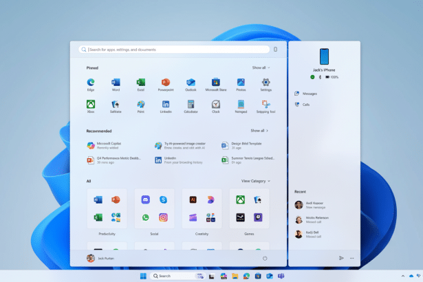 A screenshot of the Windows 11 Start menu with various pinned and recommended applications, and a Jacks iPhone widget showing recent activity.