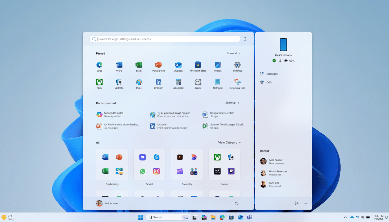 A screenshot of the Windows 11 Start menu with various pinned and recommended applications, and a Jacks iPhone widget showing recent activity.