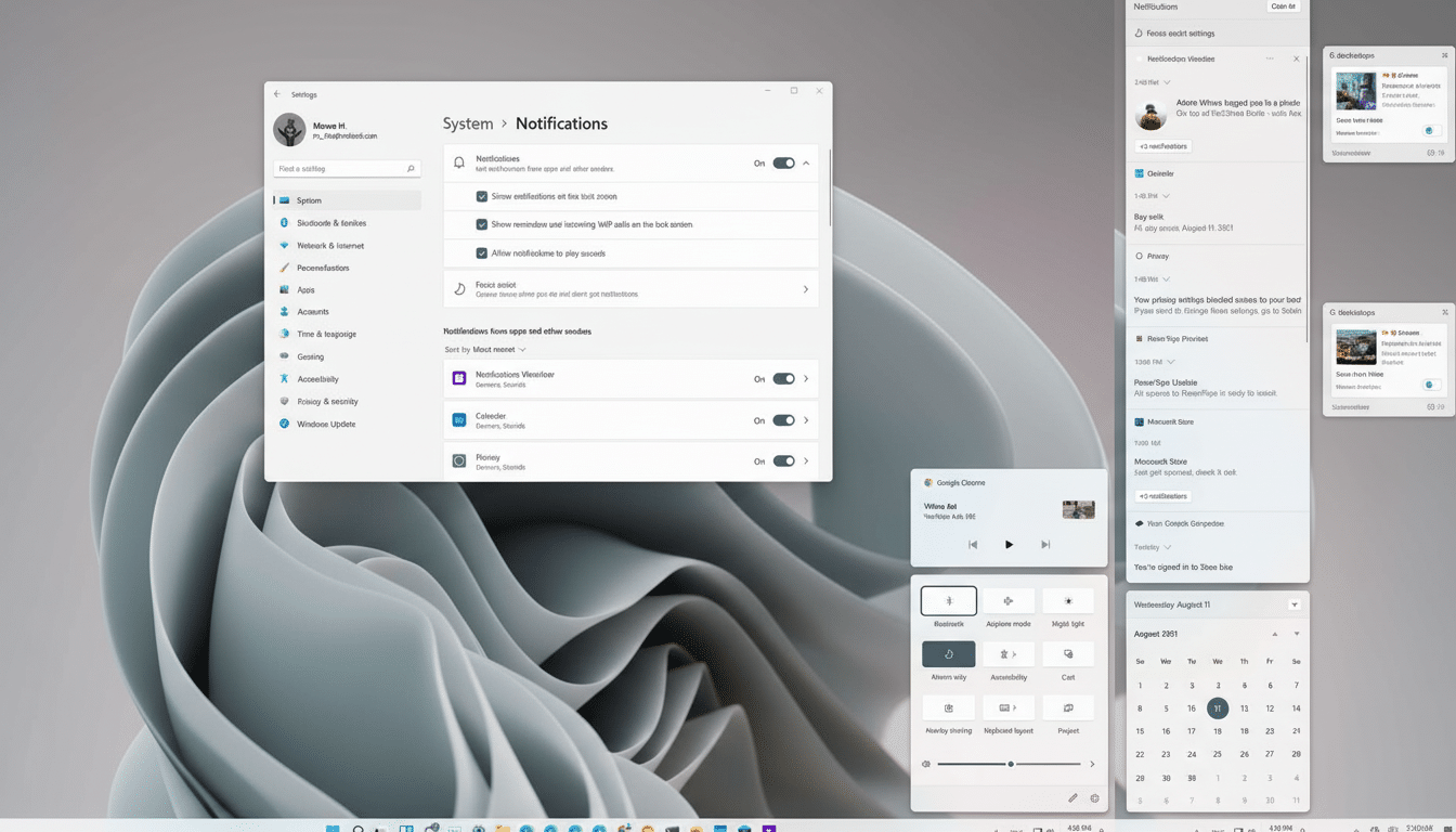 A screenshot of Windows 11 desktop showing the settings menu open to notifications, alongside the notifications panel and other system widgets.