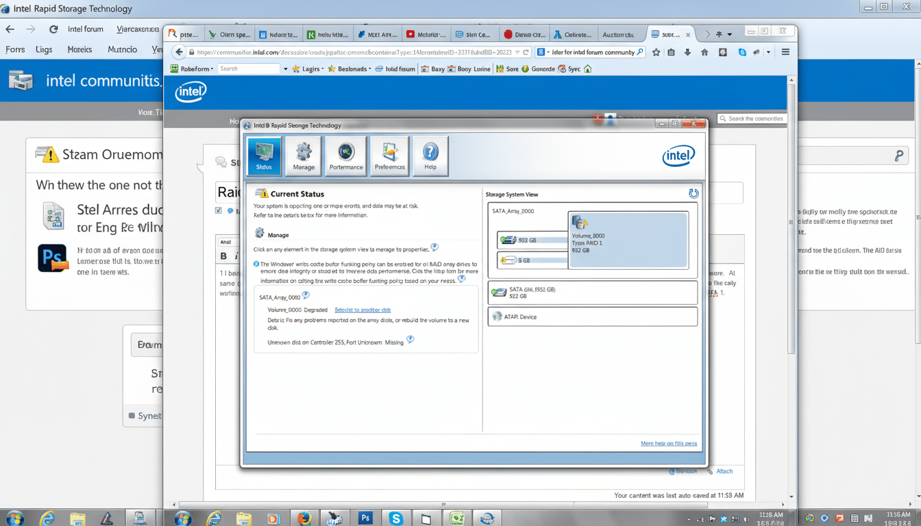 Screenshot of Intel Rapid Storage Technology software showing system status and storage information on a Windows desktop.