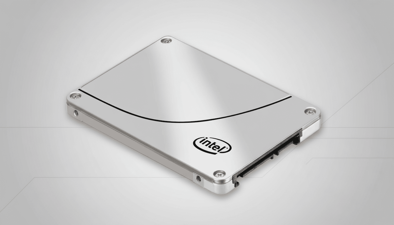 An Intel solid - state drive (SSD ) on a professional flat design background with soft gray patterns. Filename : intelssd professional. png