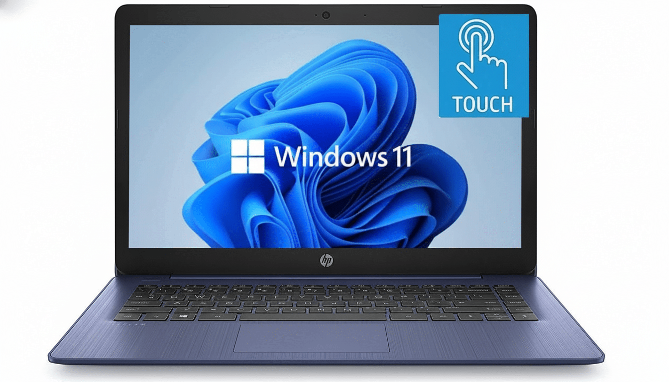 An HP laptop displaying the Windows 11 logo and a touch icon in the top right corner .