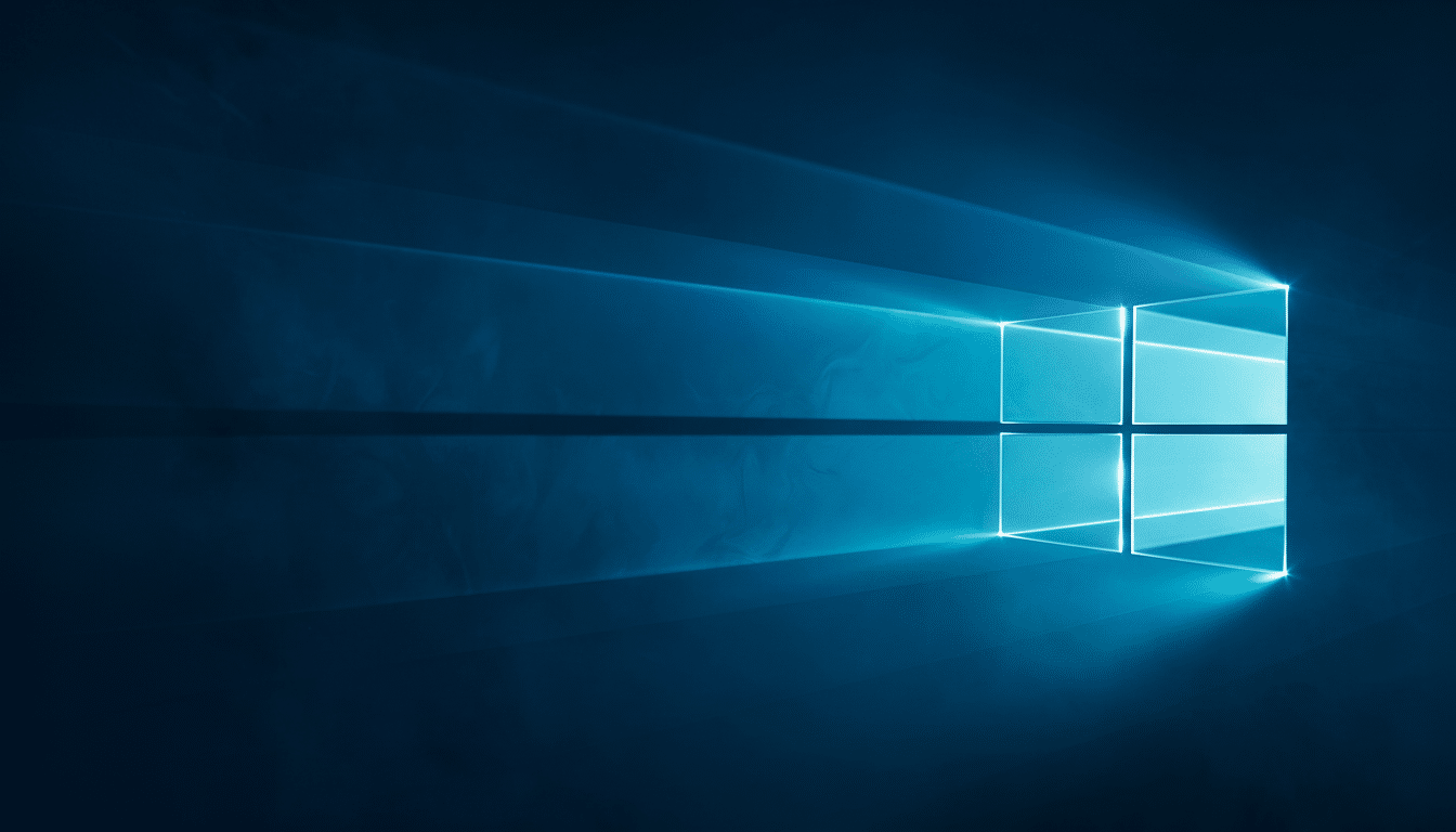 alt : The Windows 10 logo, a glowing blue four -pane window, against a dark blue background with lig