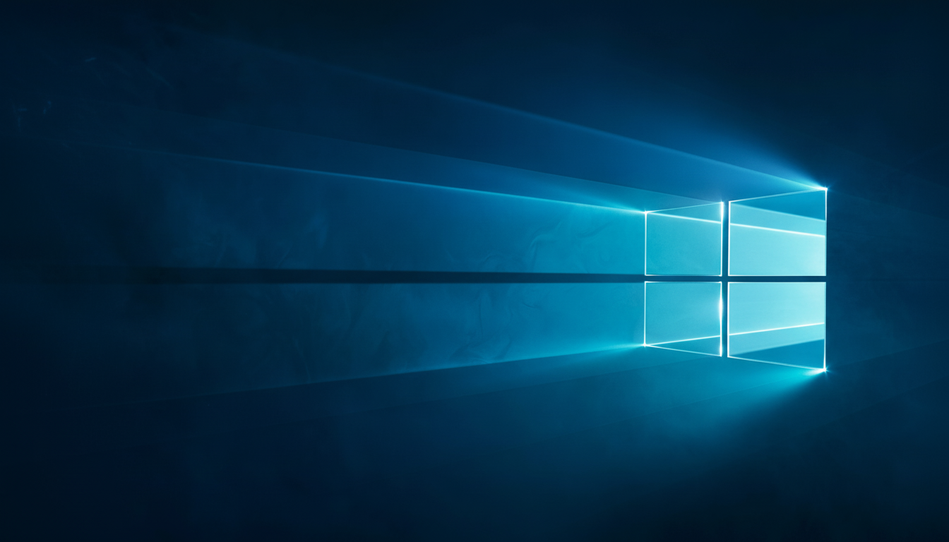 A vibrant blue Windows 10 logo illuminates a dark background , with light rays extending horizontally from the logo ' s right side. Filename : windows1 0logo illumin ateddark background.png