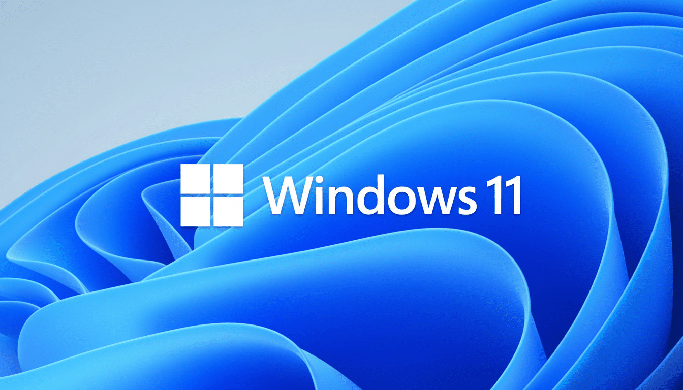 The Windows 11 logo and text against a blue , flowing abstract background. Filename : windows1 1logo abstractblue .png