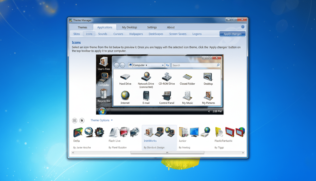 Screenshot of the Windows 7 Theme Manager showing the Icons tab , with the Computer window open displaying various system icons. Filename : windows7 thememanager icons.png