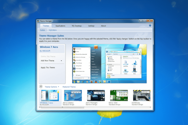 A screenshot of the Windows 7 Theme Manager Suites interface, showcasing various themes , with Windows 7 Aero highlighted and a preview of its desktop.