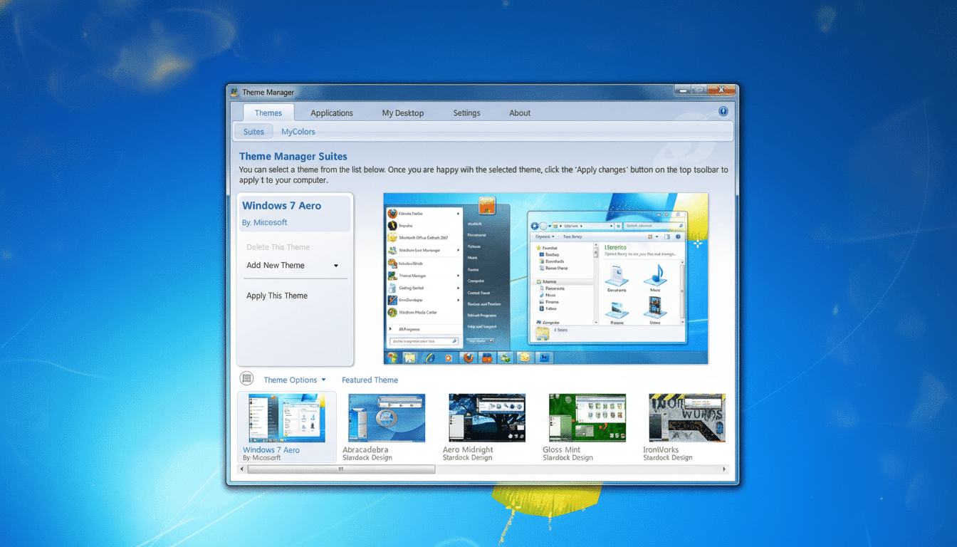 A screenshot of the Windows 7 Theme Manager Suites interface, showcasing various themes , with Windows 7 Aero highlighted and a preview of its desktop.