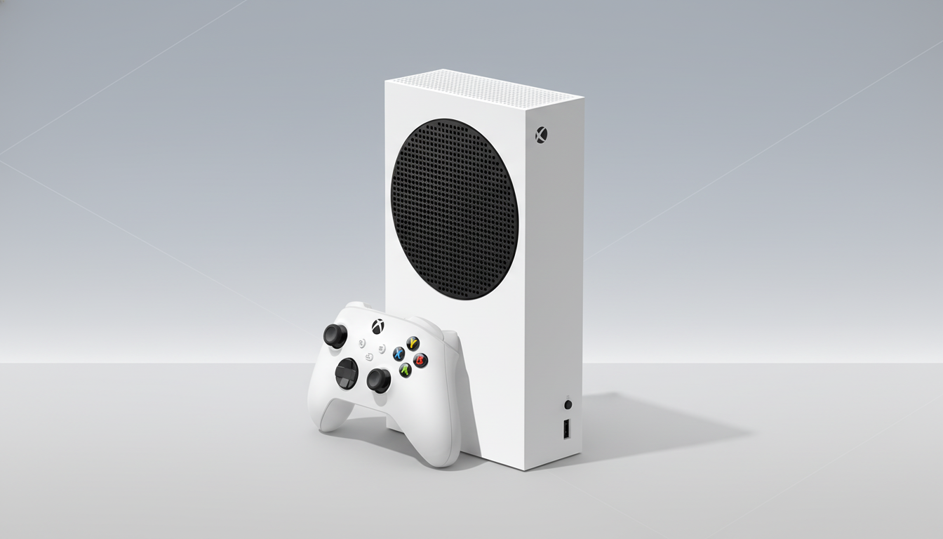 A white Xbox Series S console stands upright next to a matching white Xbox wireless controller, both centered on a clean, professional light gray background with subtle geometric patterns.