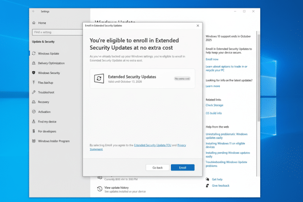 A screenshot of the Windows 10 Settings window displaying a pop-up titled You're eligible to enroll in Extended Security Updates at no extra cost, with details about the free enrollment valid until October 13, 2026 .