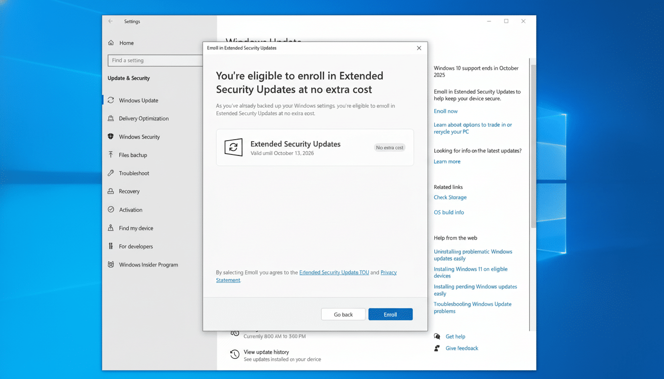 A screenshot of the Windows 10 Settings window displaying a pop-up titled You're eligible to enroll in Extended Security Updates at no extra cost, with details about the free enrollment valid until October 13, 2026 .