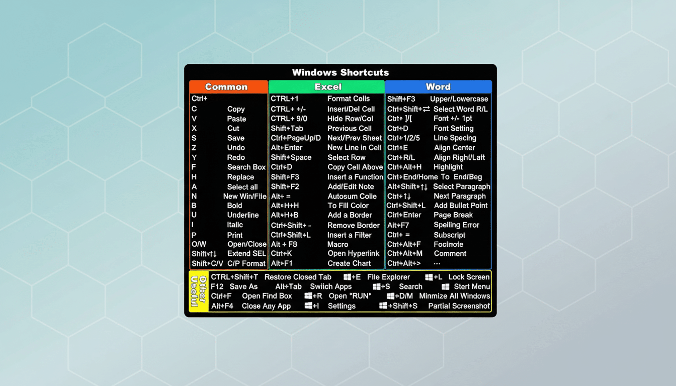 A 16:9 aspect ratio image of a black rectangle with a comprehensive list of Windows, Excel, and Word keyboard shortcuts, categorized by function with a professional flat design background in a soft blue-green gradient .