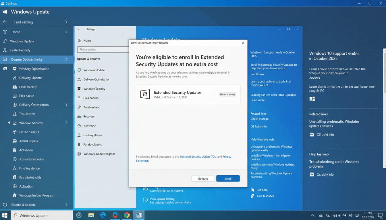 A screenshot of the Windows Update settings page, showing a pop-up window that reads Youre eligible to enroll in Extended Security Updates at no extra