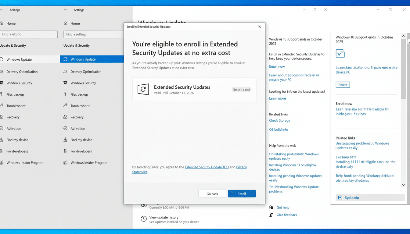 A screenshot showing the Windows 10 settings window with a pop- up dialog that reads You're eligible to enroll in Extended Security Updates at no extra cost.
