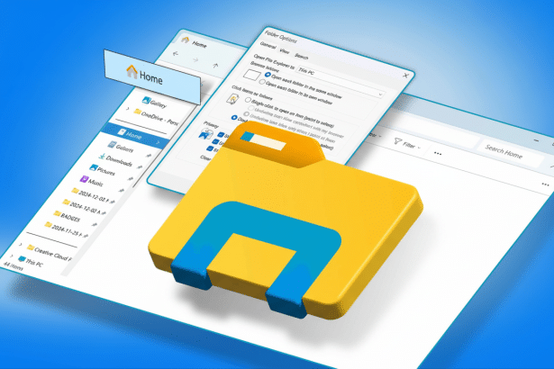 An enhanced 16: 9 image showing a yellow 3D folder icon with a blue accent, overlaid on a blue background, next to open Windows file explorer windows
