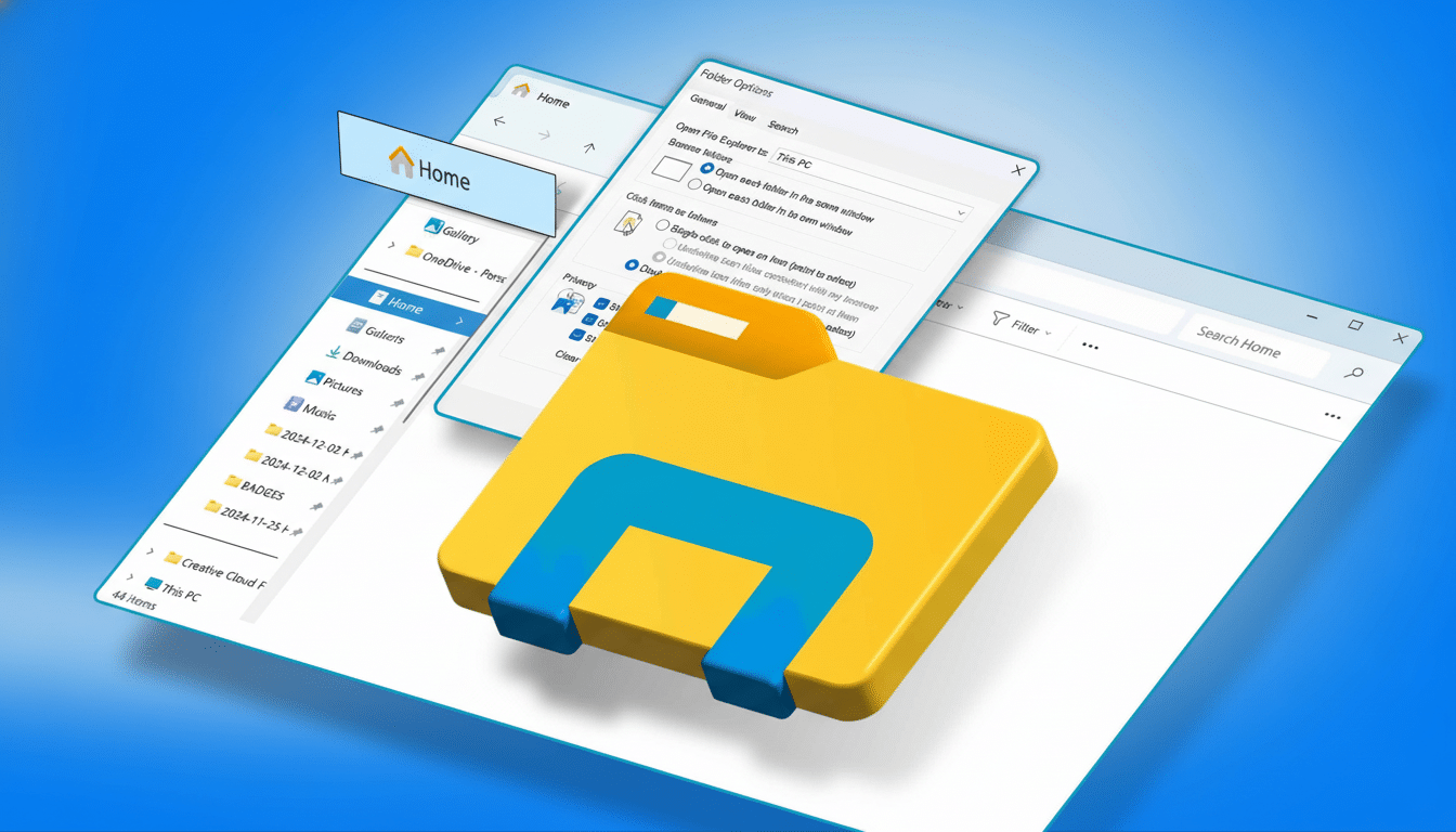 An enhanced 16: 9 image showing a yellow 3D folder icon with a blue accent, overlaid on a blue background, next to open Windows file explorer windows