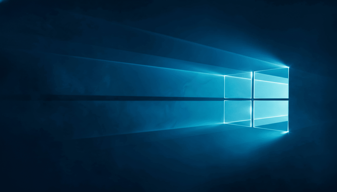 The Windows logo rendered in light blue against a dark blue background , with light rays extending from the logo.