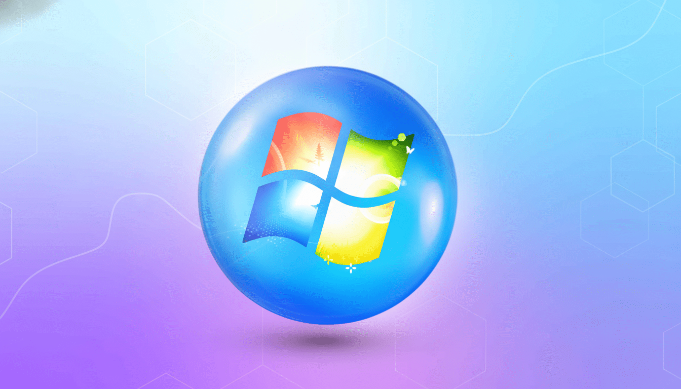 A blue sphere with the Windows logo inside , set against a professional gradient background with subtle hexagonal patterns and flowing lines, resized to a 16: 9 aspect ratio.