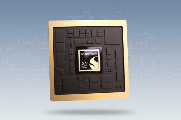A gold-colored Snapdragon X2 Elite processor chip with a black surface and various integrated circuit elements, presented against a soft blue gradient background with subtle square patterns. Filename : snapdragon x2elite processor. png