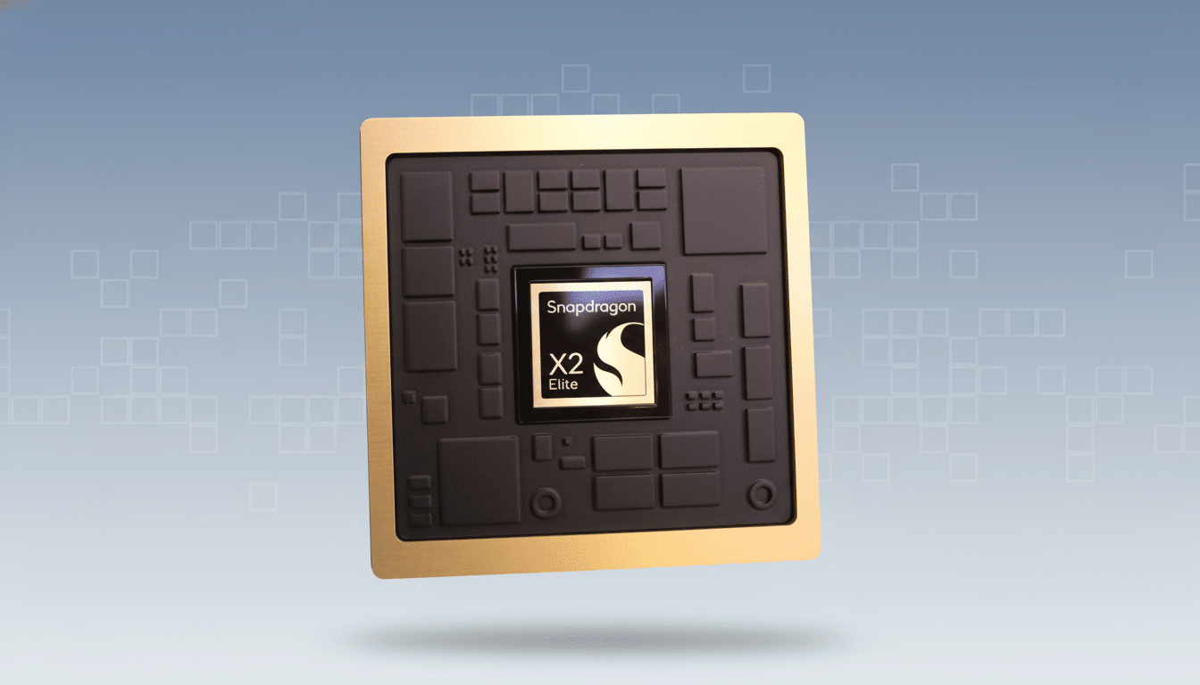 A gold-colored Snapdragon X2 Elite processor chip with a black surface and various integrated circuit elements, presented against a soft blue gradient background with subtle square patterns. Filename : snapdragon x2elite processor. png