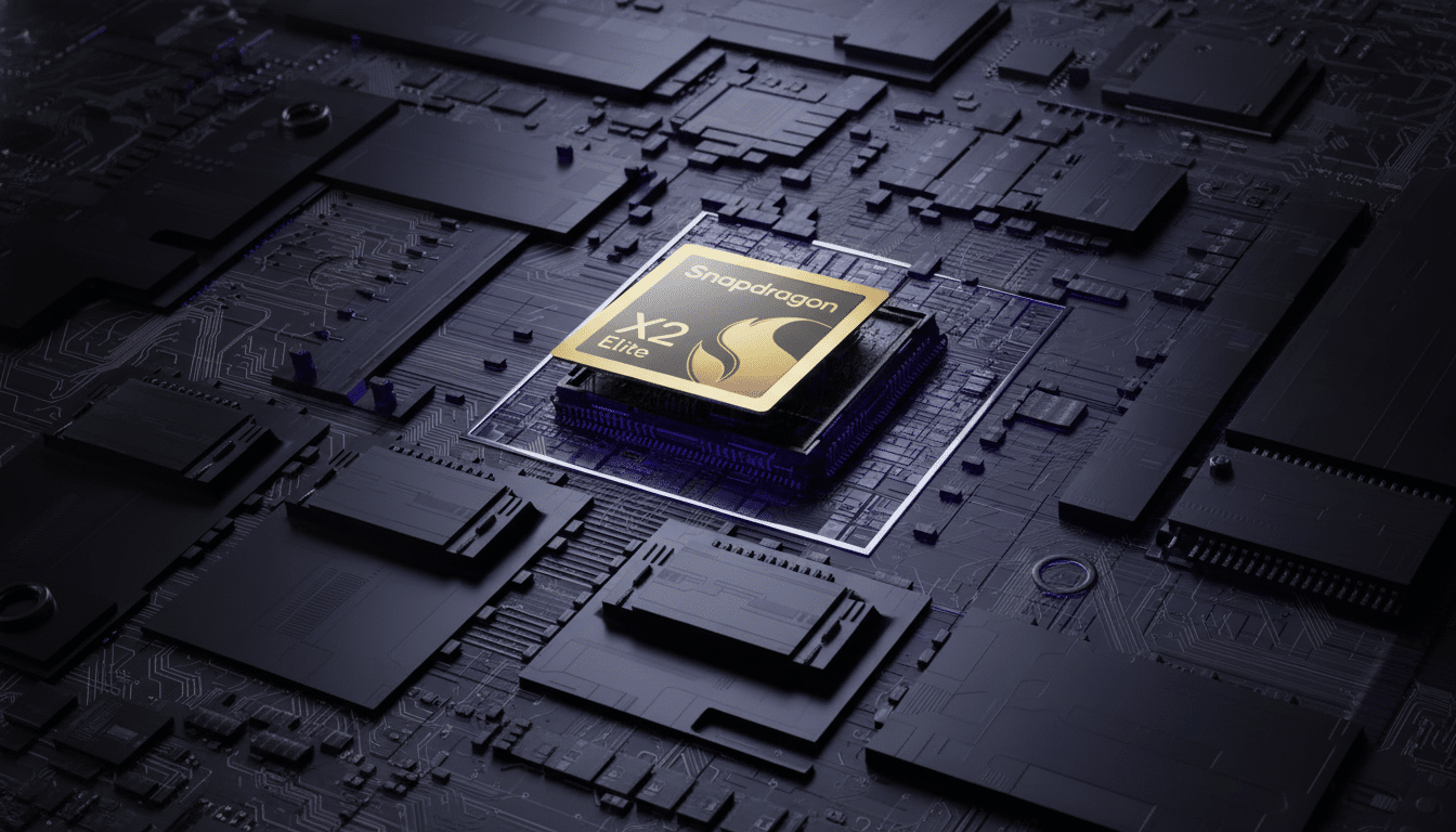 A professional , enhanced image of a golden Snapdragon X2 Elite chip mounted on a dark, intricate circuit board with subtle purple lighting, resized to a 1 6:9 aspect ratio. Filename : snapdragon x2elite chip1 69. png