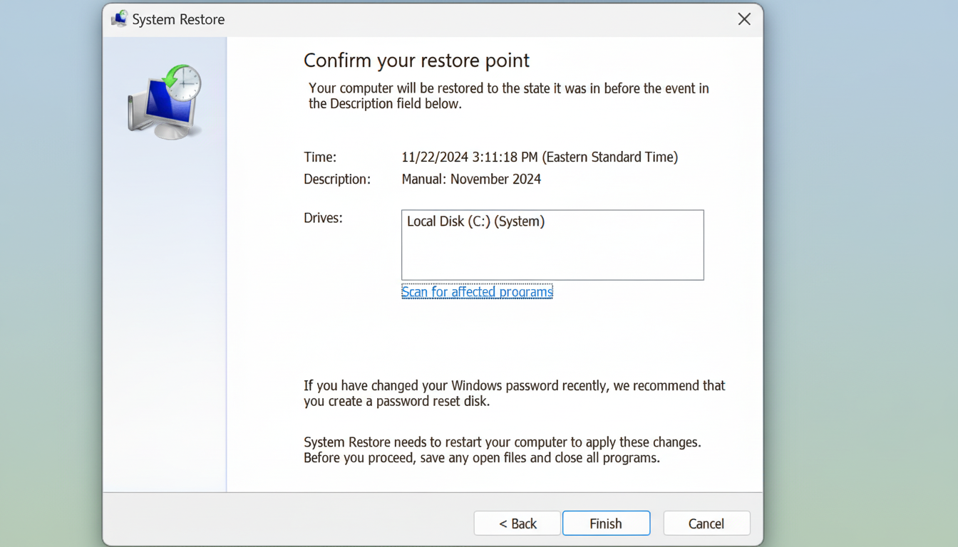 A screenshot of the Windows System Restore confirmation window, resized to a 16:9 aspect ratio. The window displays details about a restore point, including time, description, and affected drives. The background has been subtly changed to a professional flat design with a soft gradient.