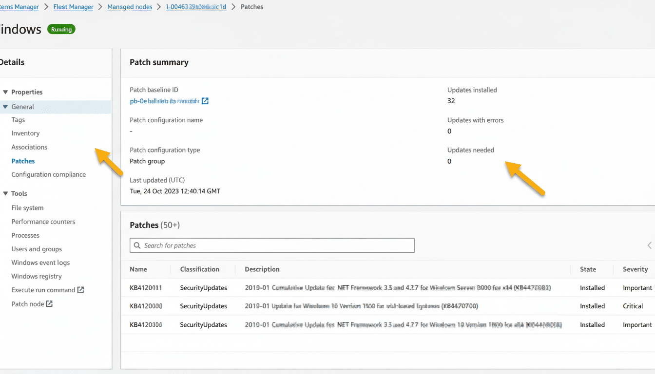 Screenshot of a Windows Systems Manager interface showing patch details , summary , and a list of installed patches. Filename : windowssystems managerpatches .png