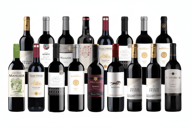 An array of wine bottles, predominantly red wine, standing in rows with various labels.