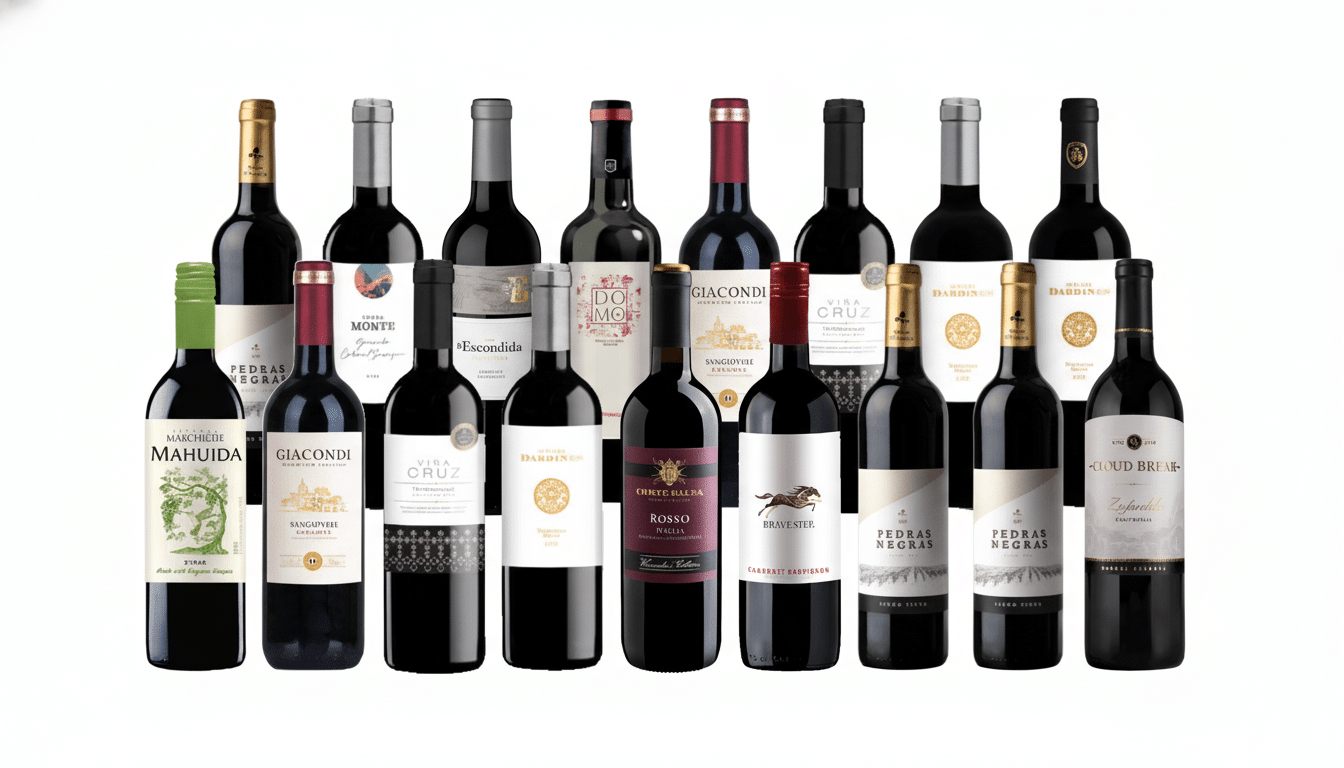 An array of wine bottles, predominantly red wine, standing in rows with various labels.