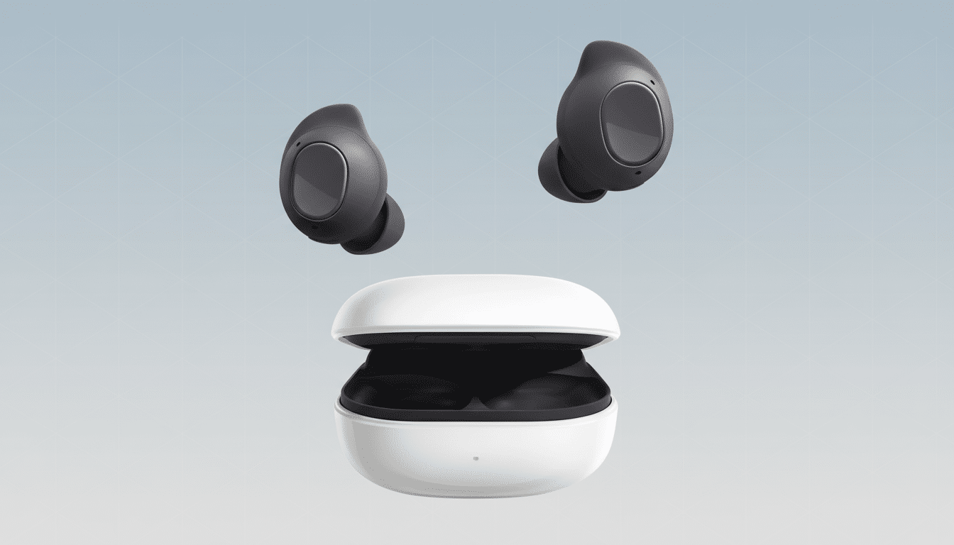 Two black wireless earbuds floating above an open white charging case with a soft patterned blue background. Filename : wirelessear budscharging case.png