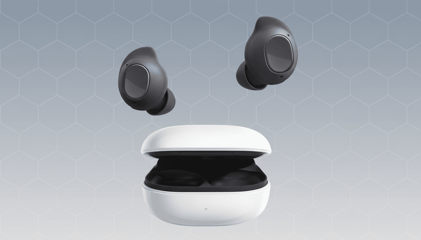 A pair of dark gray wireless earbuds floating above their open white charging case , presented on a light gray background with a subtle hexagonal pattern.