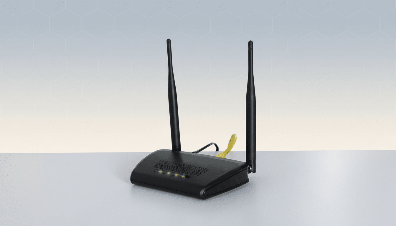 A black wireless router with two antennas and green indicator lights, placed on a light gray surface with a subtle hexagonal pattern gradient backgrou