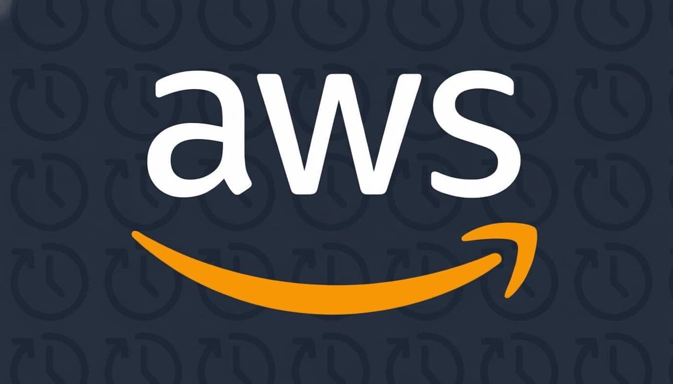 AWS logo with the Amazon smile icon on a dark background patterned with clock icons .