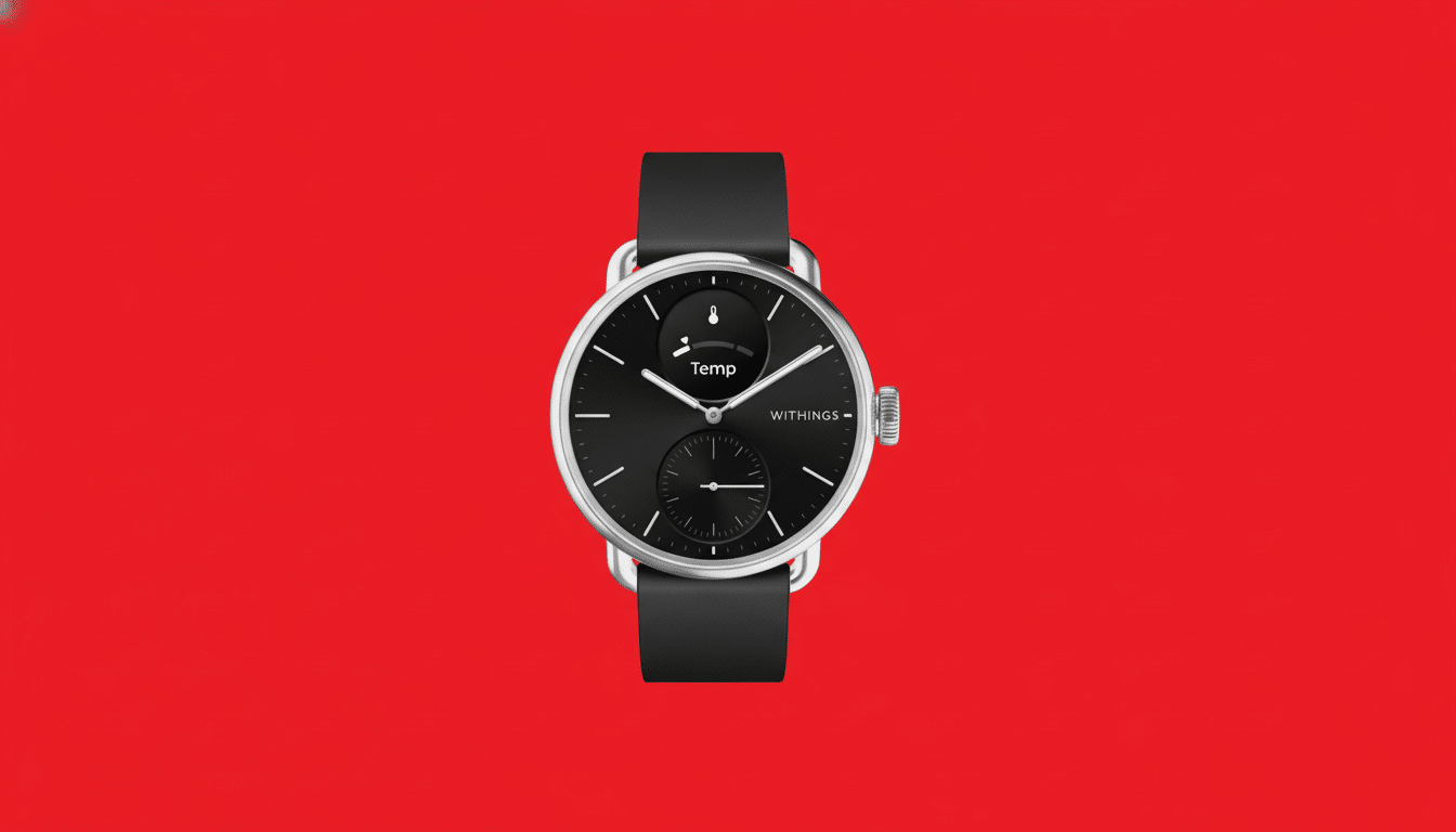 A professional , enhanced image of a With ings smart watch with a black face and black strap on a solid red background, resized to a 16: 9 aspect ratio.