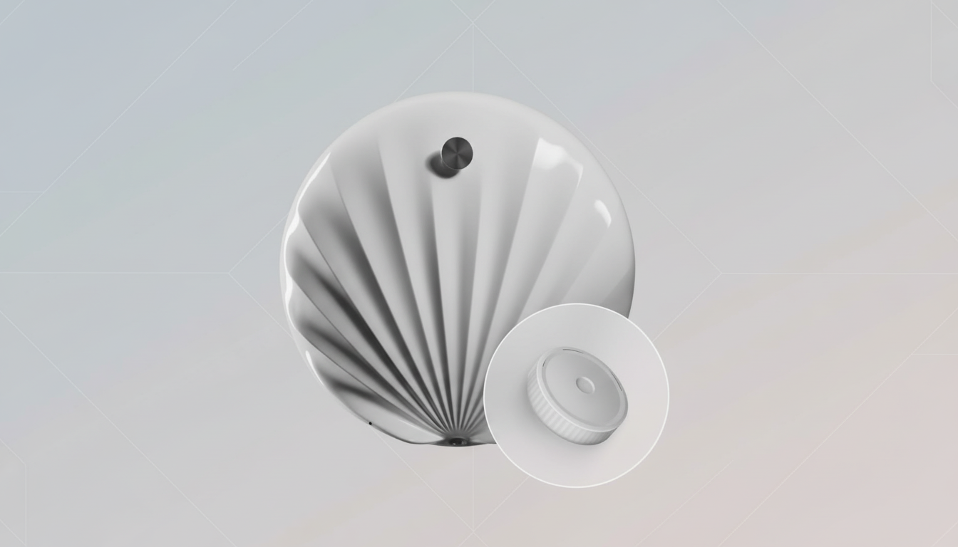 A white, spherical device with a textured, ribbed surface and a small dark knob on top, presented on a professional flat design background with soft gradients. A circular inset shows a detailed view of a small, white, ribbed cap.