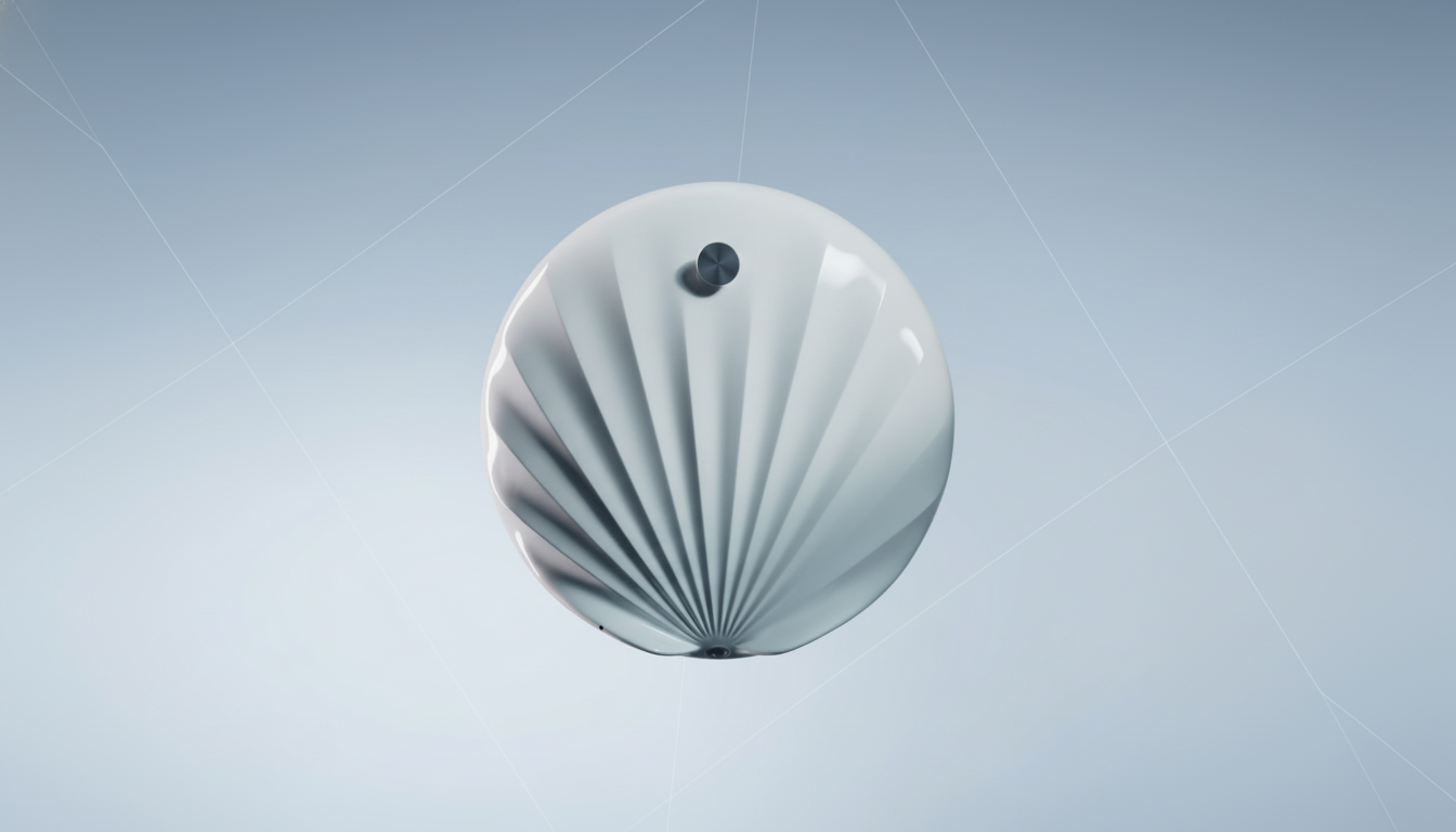 A white, shell-like spherical object with a metallic button on top, set against a light blue background with subtle geometric lines.