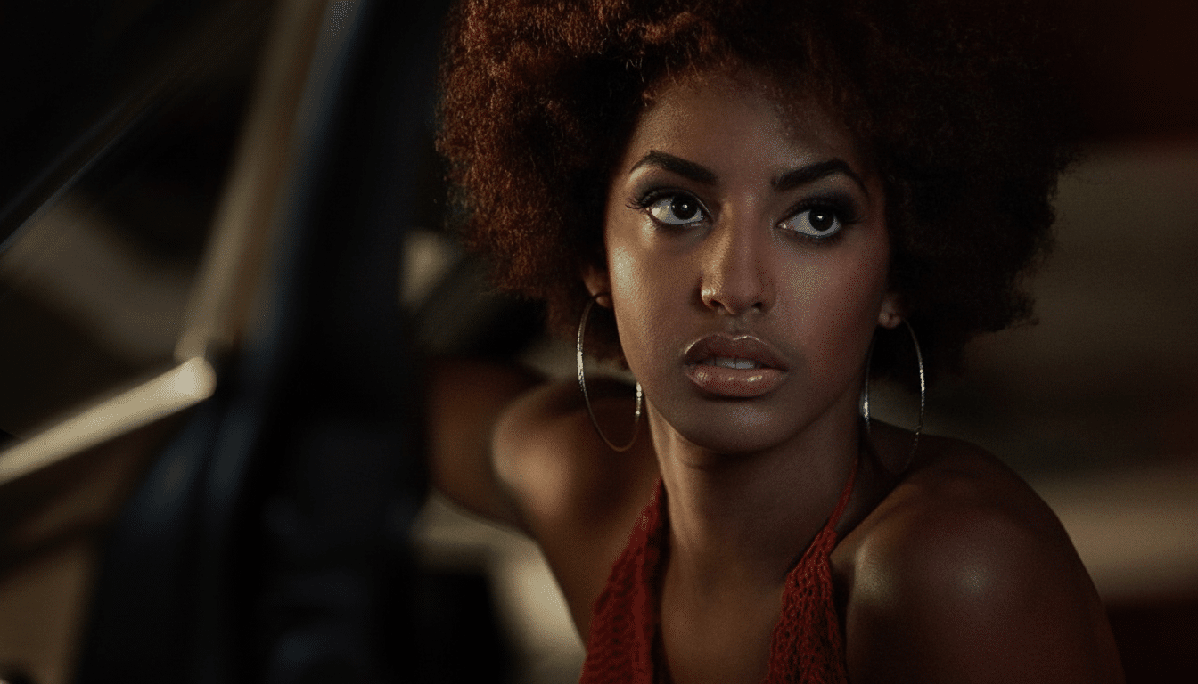 A professional close -up of a woman with an afro hairstyle and hoop earrings looking slightly upwards and to the right.