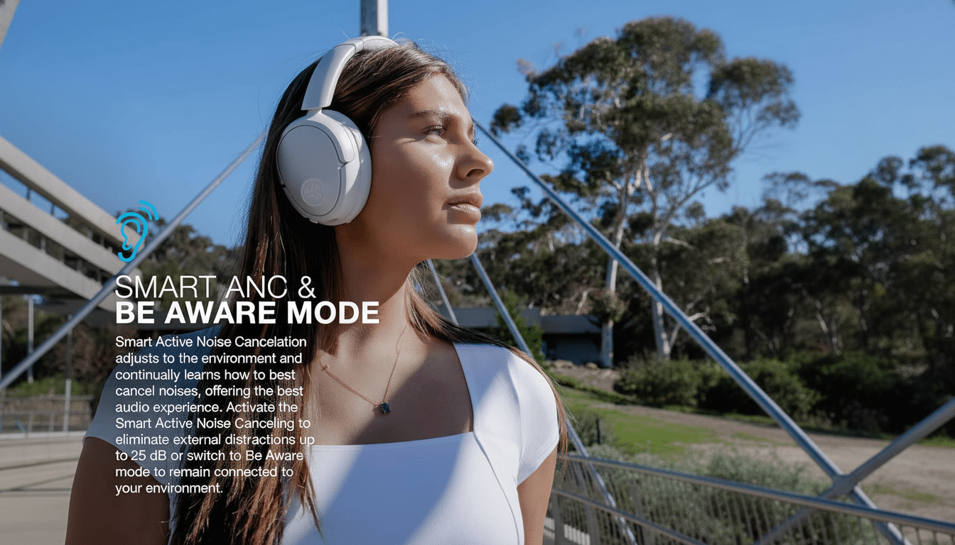 A young woman wearing white over -ear headphones, looking off to the right with a serene expression , against a blurred outdoor background with trees and a blue sky . Text overlay describes Smart ANC & Be Aware Mode and its features. Filename : woman headphonesanc mode.png
