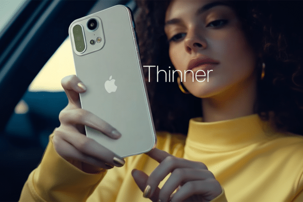 A woman in a yellow top holding a phone with a modified camera setup and Thinner written on the screen, resized to a 1 6:9 aspect ratio. Filename : woman holdingmodified iphone th inner.png